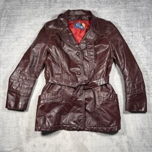 Sears Jacket Women Small Burgundy Leather Belted Vintage 70s Trench Overcoat